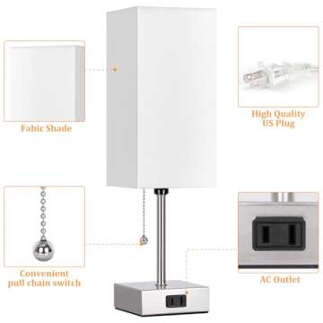 Dott Arts Touch Control Bedside Lamp, 3 Way Dimmable Nightstand Lamp with 2 USB Ports & AC Outlet, Modern Style, White Fabric Shade