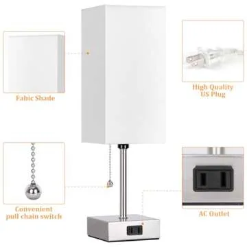 Dott Arts Touch Control Bedside Lamp, 3 Way Dimmable Nightstand Lamp with 2 USB Ports & AC Outlet, Modern Style, White Fabric Shade