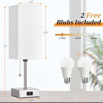 Dott Arts Touch Control Bedside Lamp, 3 Way Dimmable Nightstand Lamp with 2 USB Ports & AC Outlet, Modern Style, White Fabric Shade