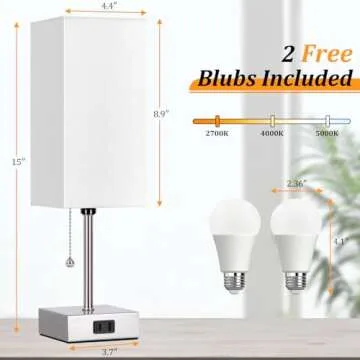 Dott Arts Touch Control Bedside Lamp, 3 Way Dimmable Nightstand Lamp with 2 USB Ports & AC Outlet, Modern Style, White Fabric Shade