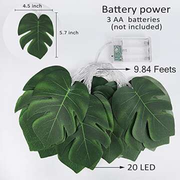 RECUTMS 20LED Monstera Leaf String Lights, Tropical Artificial Rattan Palm Leaves Wall Hanging Vine Greenery,Summer Decorations for Outdoor Indoor Hawaiian Luau Jungle Beach Theme Party Table Home
