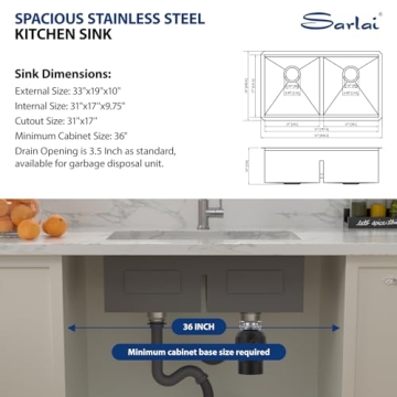 Sarlai 33 Kitchen Sink Undermount Double Bowl 16 Gauge