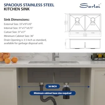 Sarlai 33 Kitchen Sink Undermount Double Bowl 16 Gauge