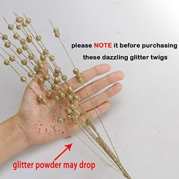GREENTIME 10 Pack Golden Artificial Glitter Berry Stem Ornaments 15.7 Inches Fake Christmas Picks Decorative Glitter Sticks for Vase Christmas Tree DIY Wreath Crafts Fireplace Decor