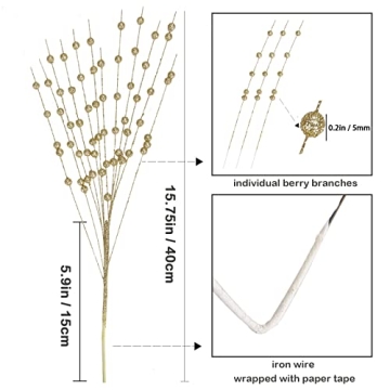 GREENTIME 10 Pack Golden Artificial Glitter Berry Stem Ornaments 15.7 Inches Fake Christmas Picks Decorative Glitter Sticks for Vase Christmas Tree DIY Wreath Crafts Fireplace Decor