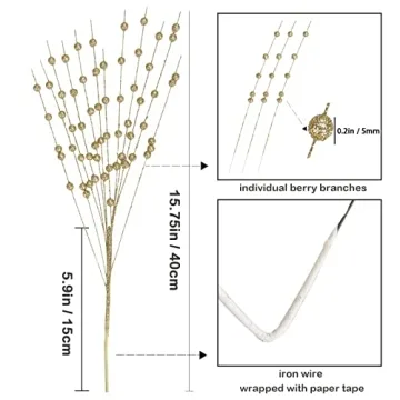 GREENTIME 10 Pack Golden Artificial Glitter Berry Stem Ornaments 15.7 Inches Fake Christmas Picks Decorative Glitter Sticks for Vase Christmas Tree DIY Wreath Crafts Fireplace Decor