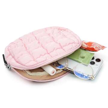 Quilted Puffer Belt Bag Waist Fanny Packs Lightweight Crossbody Bag with Adjustable Strap for Workout Running Traveling Hiking 8042 Light Pink