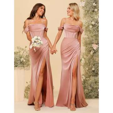 Clothfun Women's Mermaid Bridesmaid Dresses Long with Slit Bodycon Satin Formal Party Evening Gown W...