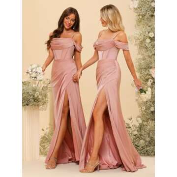 Clothfun Women's Satin Mermaid Bridesmaid Dress with Slit