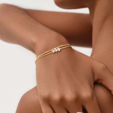 MEVECCO Bracelet for Women Gold Layered Satellite Chain Trio Pearl Bead Wire Wrapped 14K Gold Plated Dainty 2 Layer Handmade Simple Jewelry
