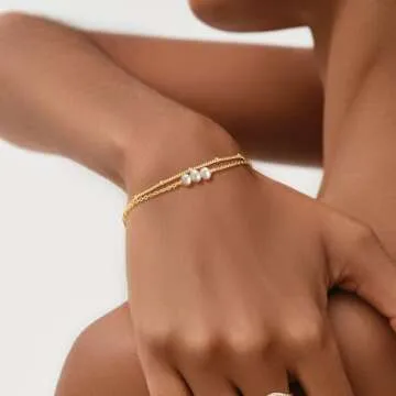 MEVECCO Bracelet for Women Gold Layered Satellite Chain Trio Pearl Bead Wire Wrapped 14K Gold Plated Dainty 2 Layer Handmade Simple Jewelry