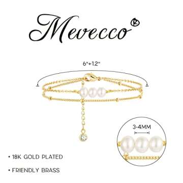 MEVECCO Bracelet for Women Gold Layered Satellite Chain Trio Pearl Bead Wire Wrapped 14K Gold Plated Dainty 2 Layer Handmade Simple Jewelry