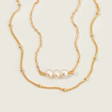 MEVECCO Bracelet for Women Gold Layered Satellite Chain Trio Pearl Bead Wire Wrapped 14K Gold Plated Dainty 2 Layer Handmade Simple Jewelry