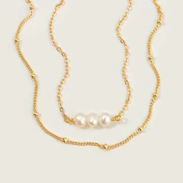 MEVECCO Bracelet for Women Gold Layered Satellite Chain Trio Pearl Bead Wire Wrapped 14K Gold Plated Dainty 2 Layer Handmade Simple Jewelry