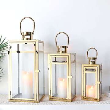 TRIROCKS Elegant Gold Stainless Steel Lantern Set- 3 Sizes (12", 15", 19") - Tempered Glass Panel Me...