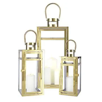 TRIROCKS Elegant Gold Stainless Steel Lantern Set- 3 Sizes (12", 15", 19") - Tempered Glass Panel Metal Lanterns for Versatile Indoor & Outdoor Decorating - Perfect for Celebrations