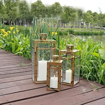 TRIROCKS Elegant Gold Stainless Steel Lantern Set- 3 Sizes (12", 15", 19") - Tempered Glass Panel Metal Lanterns for Versatile Indoor & Outdoor Decorating - Perfect for Celebrations