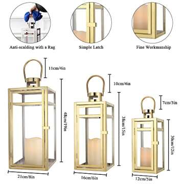 TRIROCKS Elegant Gold Stainless Steel Lantern Set- 3 Sizes (12", 15", 19") - Tempered Glass Panel Metal Lanterns for Versatile Indoor & Outdoor Decorating - Perfect for Celebrations