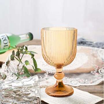 Vintage Wine Glasses Set of 6, 11 Ounces Colored Glass Water Goblets, Colorful Unique Embossed Patte...