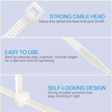 Mezzo Cable Zip Ties Heavy Duty 12 Inch（100 Pack）, Durable Plastic Wire Ties with 50 Pounds Tensile Strength, Self-Locking UV Resistant White Nylon Zip Ties for Indoor and Outdoor
