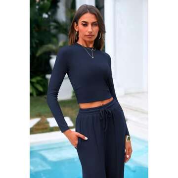 PRETTYGARDEN Women's 2 Piece Loungewear Long Sleeve Crop Top Wide Leg Palazzo Pants Set Tracksuits Casual Outfit (Navy,Small)