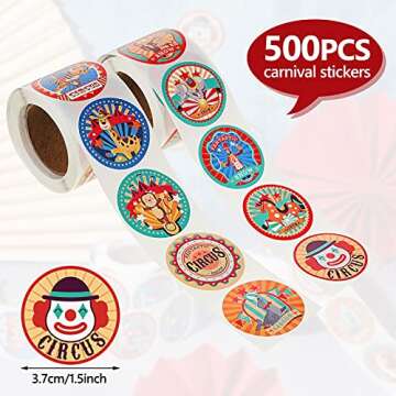 Zonon 500 Pieces Carnival Stickers Circus Party Stickers Carnival Animal Clown Sticker Carnival Them...