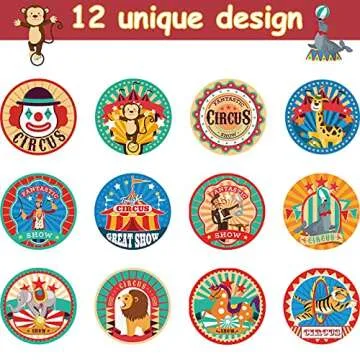 Zonon 500 Pieces Carnival Stickers Circus Party Stickers Carnival Animal Clown Sticker Carnival Themed Party Favors for Envelope Seals Goodie Bags Birthday Party Decoration, 12 Styles
