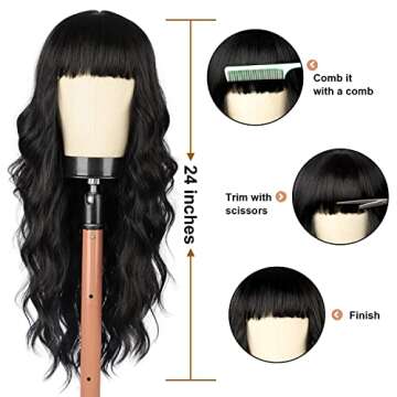 Vigorous Black Wig with Bangs Long Wavy Wig for Women Heat Resistant Synthetic Wigs Natural Looking ...
