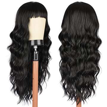 Vigorous Black Wig with Bangs Long Wavy Wig for Women Heat Resistant Synthetic Wigs Natural Looking for Daily Party Use