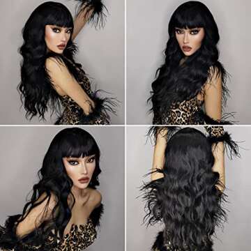 Vigorous Black Wig with Bangs Long Wavy Wig for Women Heat Resistant Synthetic Wigs Natural Looking for Daily Party Use