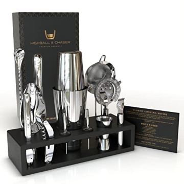 Highball & Chaser 13-Piece Boston Cocktail Shaker Set | Ultimate Mixology Kit With Stand