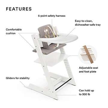 Tripp Trapp High Chair and Cushion with Stokke Tray - White with Icon Grey - Adjustable, Convertible...