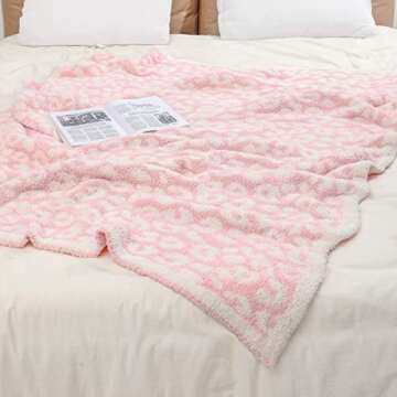 bearberry Fuzzy Leopard Knitted Throw Blanket Soft Cozy Warm Microfiber Blanket for Couch Sofa Bed Travel (Pink/Cream, 50"x60")