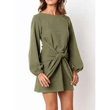 R.Vivimos Women's Autumn Winter Cotton Long Sleeves Elegant Knitted Bodycon Tie Waist Sweater Pencil Dress (Medium, Army Green)