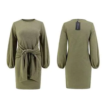 R.Vivimos Women's Autumn Winter Cotton Long Sleeves Elegant Knitted Bodycon Tie Waist Sweater Pencil Dress (Medium, Army Green)