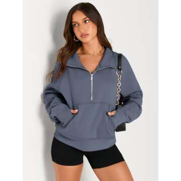 AUTOMET Womens Sweatshirts Half Zip Cropped Pullover Fleece Quarter Zipper Hoodies 2025 Fall Fashion Outfits Clothes GreyBlue Large