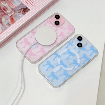 UEEBAI Magnetic for iPhone 15 Case, Bow Case Compatible with MagSafe, Wireless Slim Clear Ribbon Aesthetic Phone Case Anti-Yellowing Shockproof Protective Cover for Women Girl - Pink