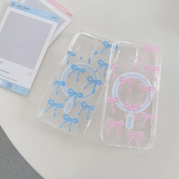 UEEBAI Magnetic for iPhone 15 Case, Bow Case Compatible with MagSafe, Wireless Slim Clear Ribbon Aesthetic Phone Case Anti-Yellowing Shockproof Protective Cover for Women Girl - Pink