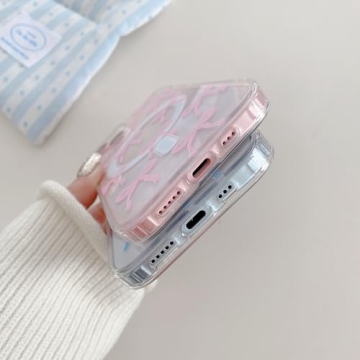 UEEBAI Magnetic for iPhone 15 Case, Bow Case Compatible with MagSafe, Wireless Slim Clear Ribbon Aesthetic Phone Case Anti-Yellowing Shockproof Protective Cover for Women Girl - Pink