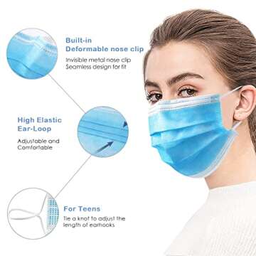 Wecolor 100 Pcs Disposable 3 Ply Earloop Face Masks, Suitable for Home, School, Office and Outdoors (Blue)