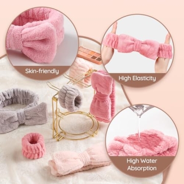 VITEVER 4 Pack Spa Headband for Washing Face with 8 Wristbands, Girl Hair Band, Microfiber Women Headbands, Headband and wrist bands to Skincare, Cosmetic, Shower-White, Brown, Rose Pink, Light Pink