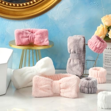 VITEVER 4 Pack Spa Headband for Washing Face with 8 Wristbands, Girl Hair Band, Microfiber Women Headbands, Headband and wrist bands to Skincare, Cosmetic, Shower-White, Brown, Rose Pink, Light Pink