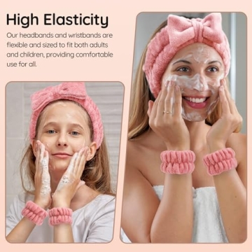 VITEVER 4 Pack Spa Headband for Washing Face with 8 Wristbands, Girl Hair Band, Microfiber Women Headbands, Headband and wrist bands to Skincare, Cosmetic, Shower-White, Brown, Rose Pink, Light Pink