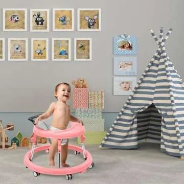 Baby Walker, Foldable 9-Gear Height Adjustable Baby Walker with Wheels, Infant Toddler Walker with Foot Pads, Anti-Fall Baby Walkers and Activity Center Bouncer Combo for Boys and Girls 6-24 Months