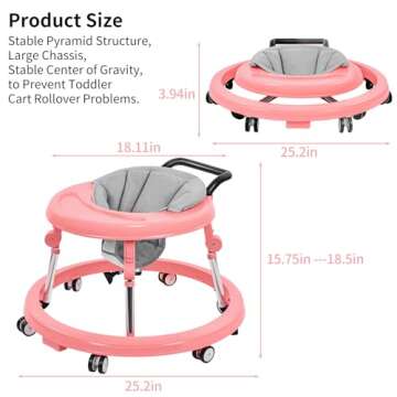Baby Walker, Foldable 9-Gear Height Adjustable Baby Walker with Wheels, Infant Toddler Walker with Foot Pads, Anti-Fall Baby Walkers and Activity Center Bouncer Combo for Boys and Girls 6-24 Months