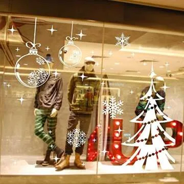 BooDecal Christmas Decorations Hanging Balls Shinning Stars Snowflakes and White Christmas Tree for Home Shop Window Coverings Decor Wall Decals Stickers Holiday Celebration Presents