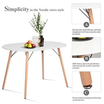 COZYCASA Dining Table Oval 47.2" Mid Century Modern White Kitchen Dinner Table White Simple Table for Home Office Kitchen Living Room Bistro Cafe, Computer Writing Desk, White (Oval)