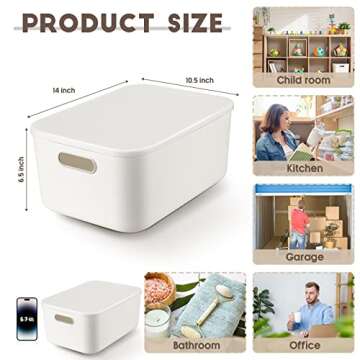 Tuanse 8 Pieces Plastic Storage Bins with Lids,White Storage baskets with Handle Stackable Container...