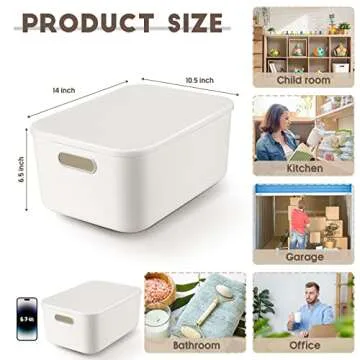 Tuanse 8 Pieces Plastic Storage Bins with Lids,White Storage baskets with Handle Stackable Container...