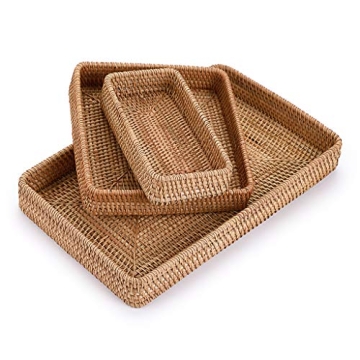 Hipiwe Large Rattan Serving Tray, Handwoven Wicker Basket Organizer Tray, Rectangle Tabletop Breakfa...
